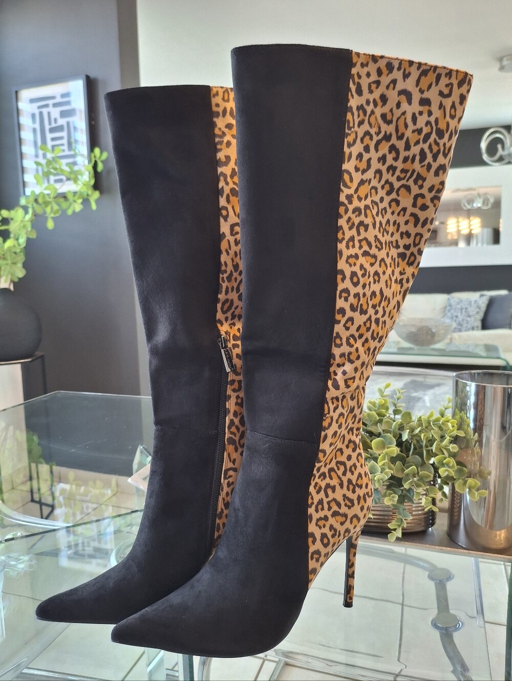 Black and Leopard Tall Stiletto Boots - Women